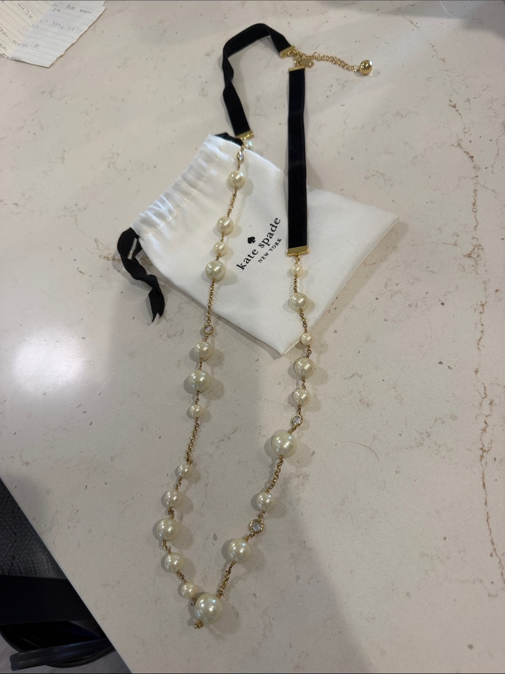 kate spade Gold Chain Pearl Necklace with Black Velvet Ribbon